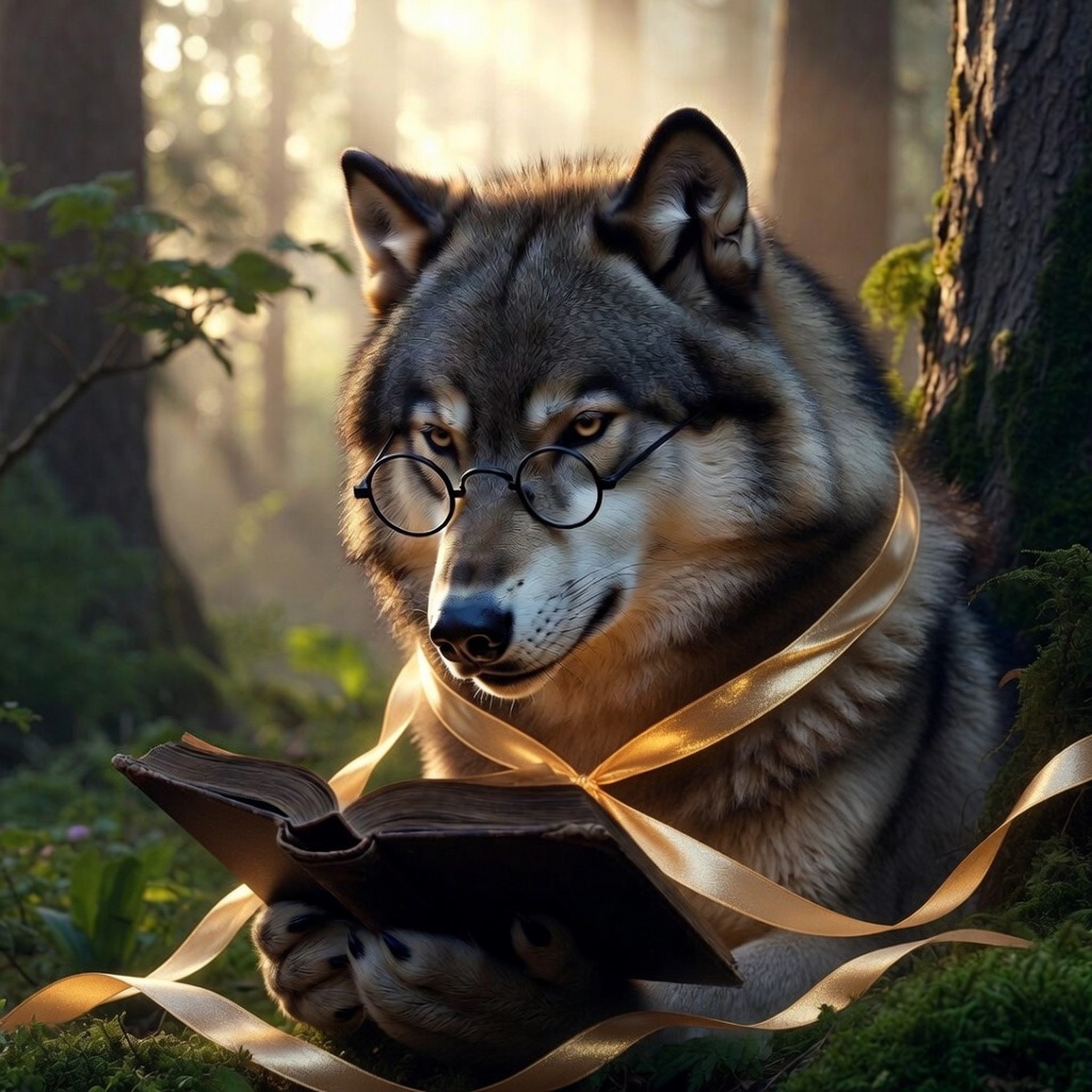 A wolf in round glasses reading a book, wrapped in a golden ribbon, in a sunlit forest.